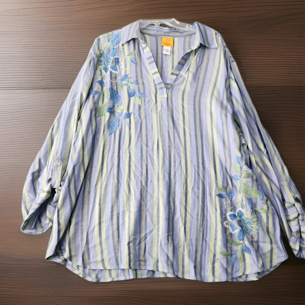 Ruby Rd Woman Blouse 3X Embroidered Striped Cottagecore Relaxed Tunic Top NWT